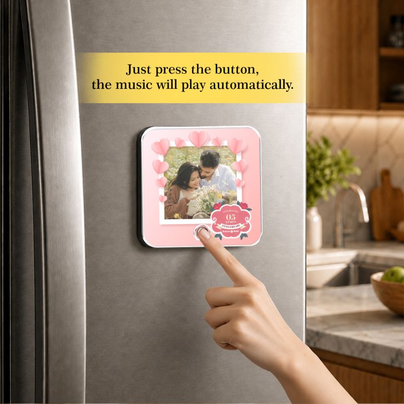Personalized 5th Anniversary Musical Fridge Magnet Custom with Photo & Song Rechargeable Speaker 5th for Parents, Husband Wife & Couples